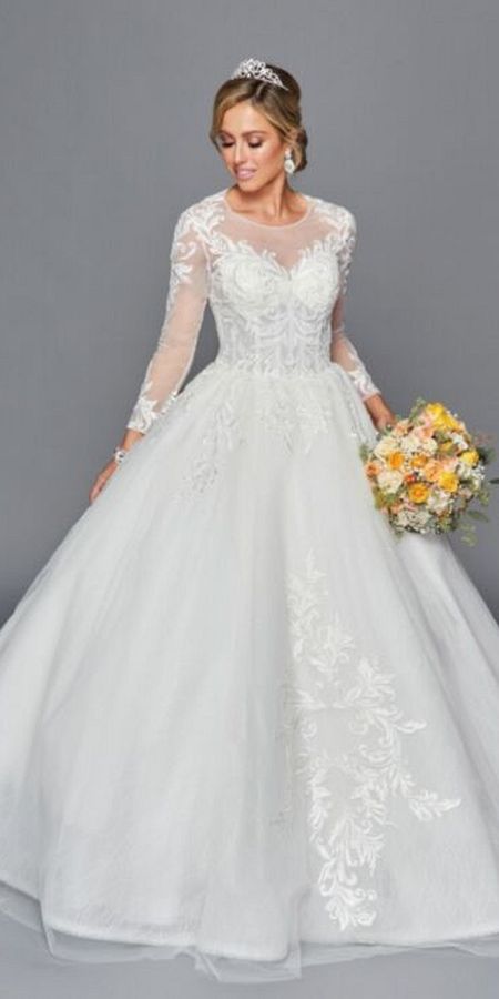 White Lovely La Bridal 443 Long Sleeve A-Line Wedding Gown Boat Neckline Beaded Lace