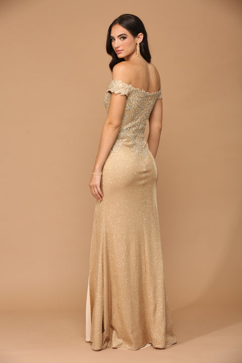 Formal Long Off Shoulder Metallic Prom Dress