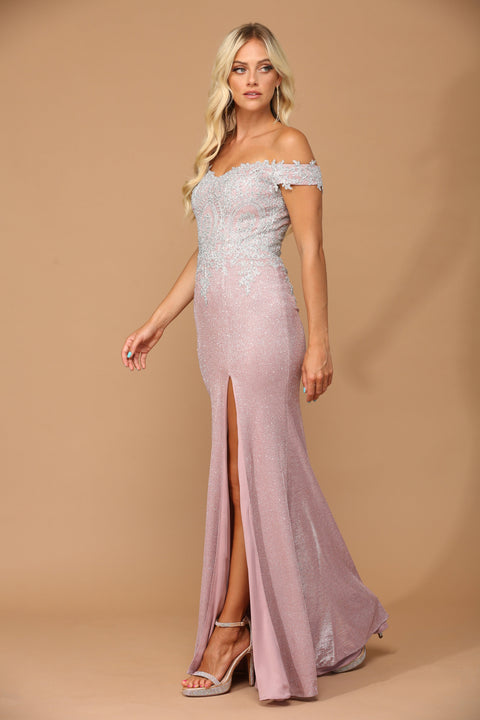 Formal Long Off Shoulder Metallic Prom Dress