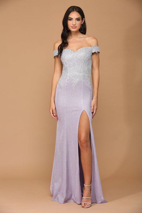 Formal Long Off Shoulder Metallic Prom Dress