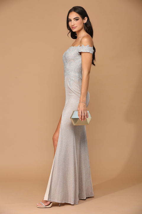 Formal Long Off Shoulder Metallic Prom Dress