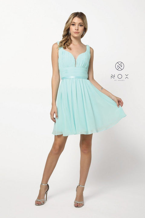 A-Line V-Neckline Sheer Inset Short Dress with Ruching 6242 by Nox Anabel - sheerdreamz
