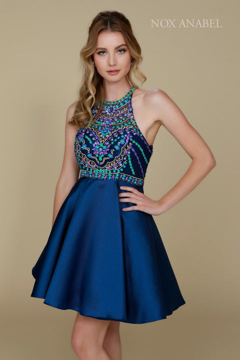 Bejeweled Illusion Halter Satin Short Dress_6251 by Nox Anabel