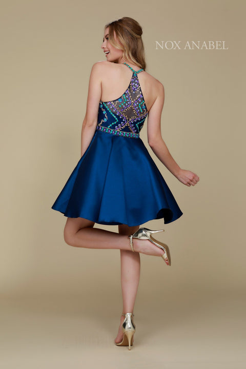 Bejeweled Illusion Halter Satin Short Dress_6251 by Nox Anabel