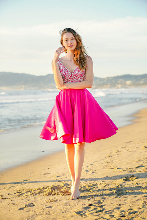 Short Sleeveless Dress with A Deep V Neck Beaded Top 6256 by Nox Anabel