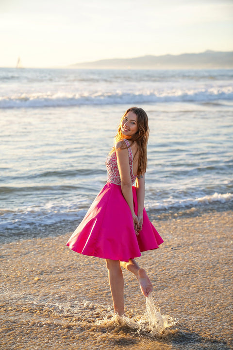 Short Sleeveless Dress with A Deep V Neck Beaded Top 6256 by Nox Anabel