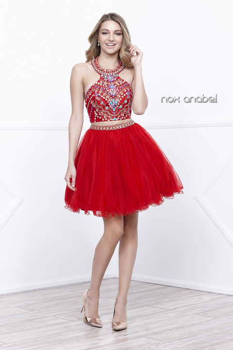 Two-Piece Halter Beaded Bodice Short Prom Dress 6259 by Nox Anabel