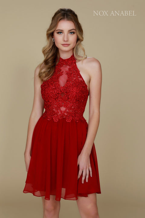 Ornate Lace Appliqued Illusion Halter Open Back Dress 6308 by Nox Anabel