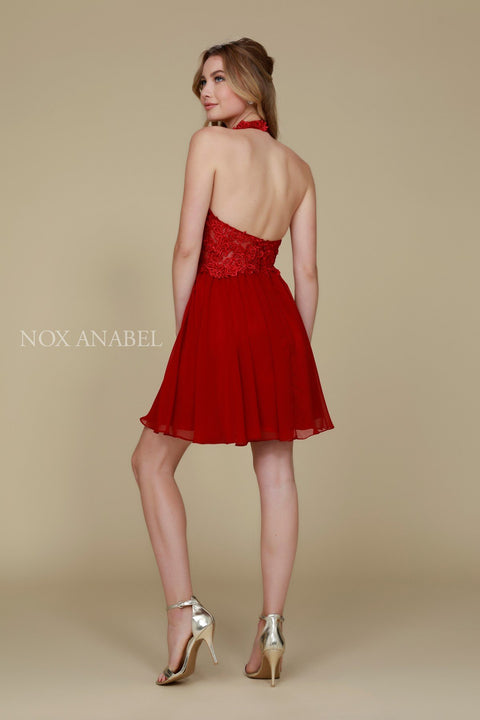 Ornate Lace Appliqued Illusion Halter Open Back Dress 6308 by Nox Anabel