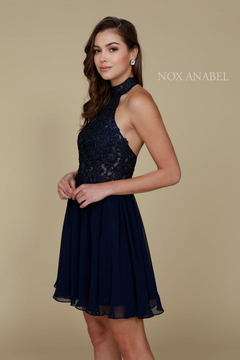 Ornate Lace Appliqued Illusion Halter Open Back Dress 6308 by Nox Anabel