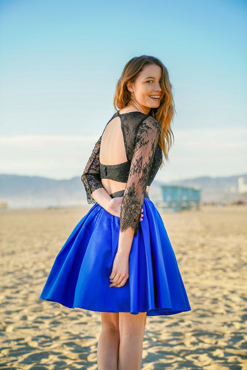 Two Piece Bead Embellished Illusion Lace Long Sleeves Cocktail Dress 6371 by Nox Anabel
