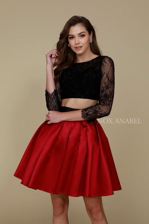 Two Piece Bead Embellished Illusion Lace Long Sleeves Cocktail Dress 6371 by Nox Anabel