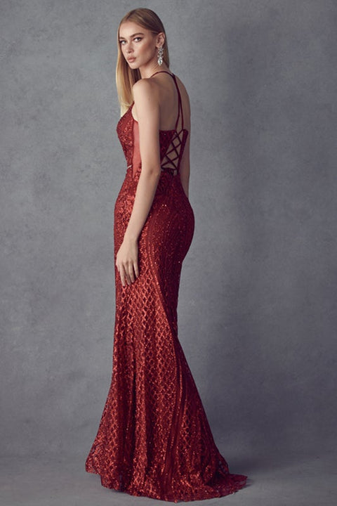 Fitted Lace-Up Gown with Glitter Print by Juliet 681