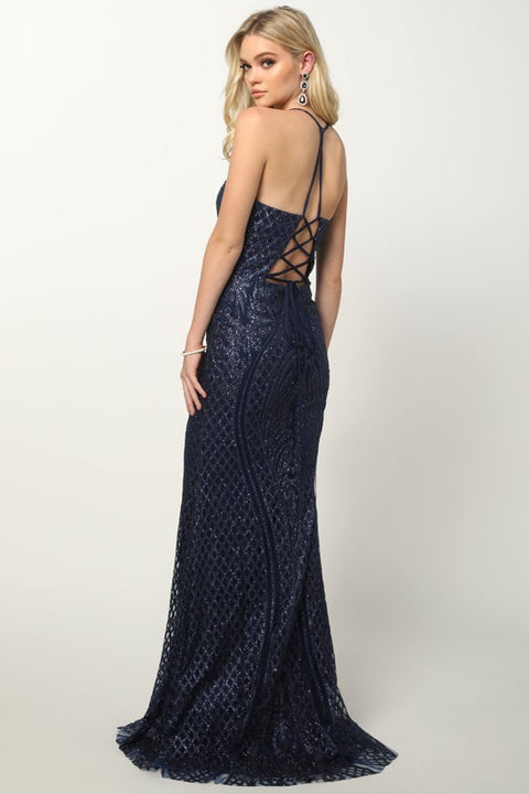 Fitted Lace-Up Gown with Glitter Print by Juliet 681