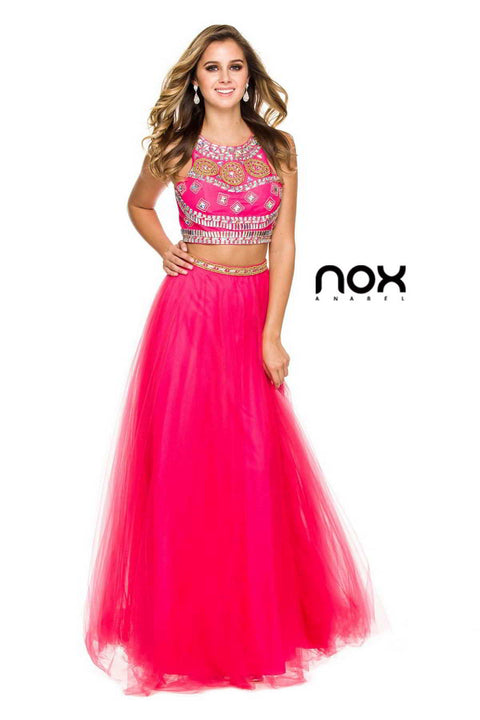 Two Piece Sleeveless Crop Top Jewel Top with Long Tulle Skirt_8162 by Nox Anabel