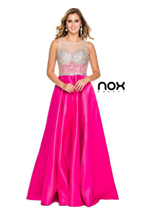 Beaded Embellished Neck Illusion Long A-line Dress_8175 By Nox Anabel