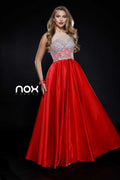 Beaded Embellished Neck Illusion Long A-line Dress_8175 By Nox Anabel
