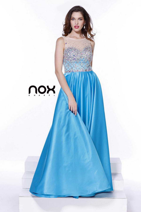 Beaded Embellished Neck Illusion Long A-line Dress_8175 By Nox Anabel