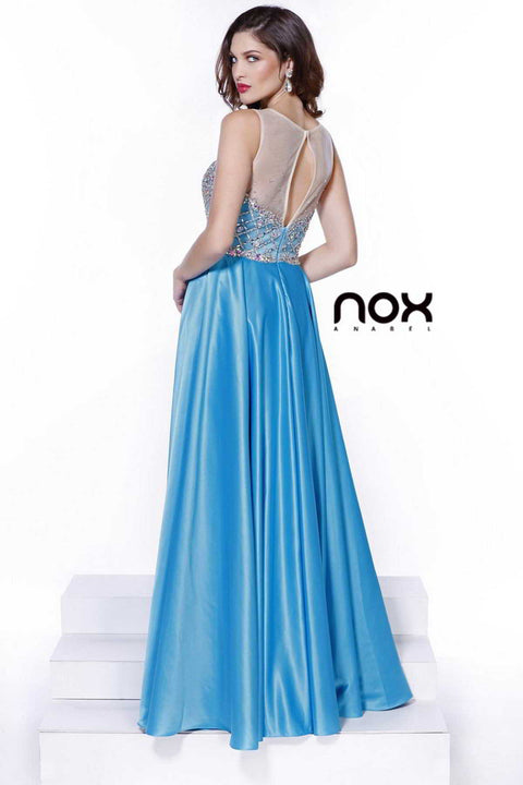 Beaded Embellished Neck Illusion Long A-line Dress_8175 By Nox Anabel