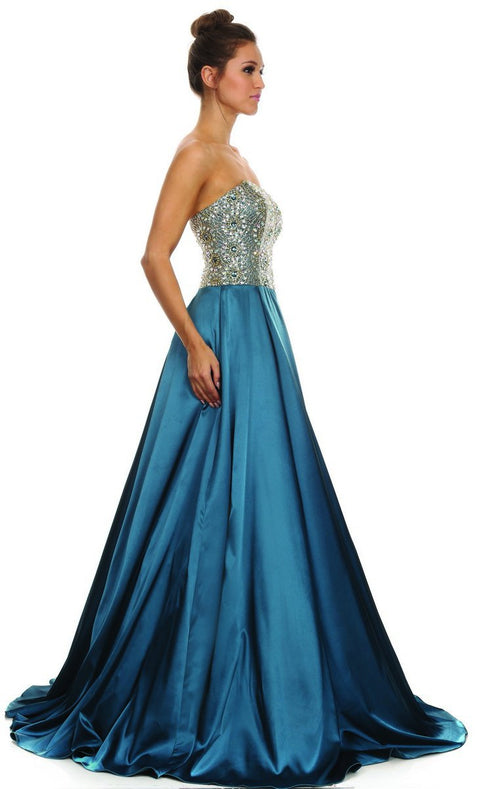 Metallic Embellished Strapless Long Evening Gown Beaded Top_8186 by Nox Anabel