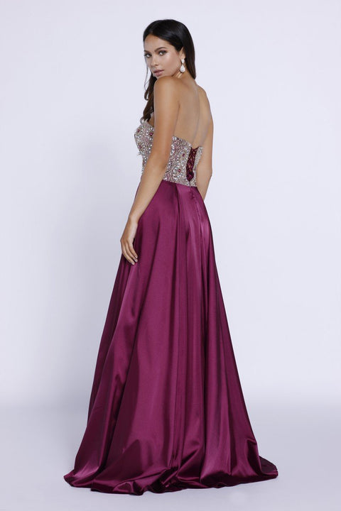 Metallic Embellished Strapless Long Evening Gown Beaded Top_8186 by Nox Anabel