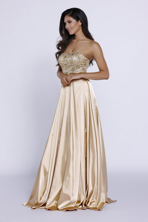 Metallic Embellished Strapless Long Evening Gown Beaded Top_8186 by Nox Anabel