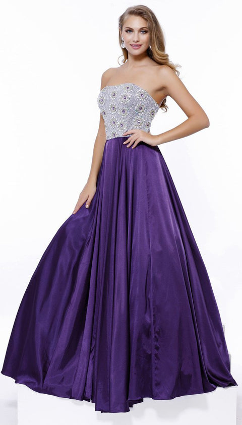 Metallic Embellished Strapless Long Evening Gown Beaded Top_8186 by Nox Anabel