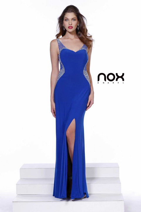 Royal Blue Beaded Sweetheart Neck Scoop Back Side Slit gown 8195 By Nox Anabel