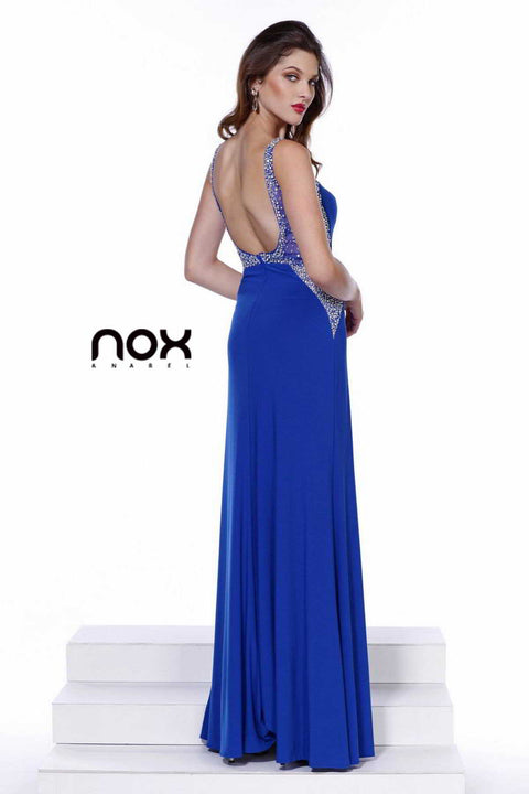 Royal Blue Beaded Sweetheart Neck Scoop Back Side Slit gown 8195 By Nox Anabel – alternate view 2