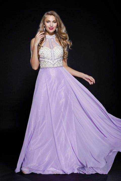 Beaded Sleeveless Halter Long Gown Lovely Tulle A-Line Dress_8201 By Nox Anabel