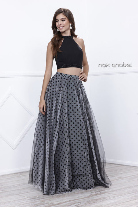 Two-Piece Halter Polka Dot Printed Evening Gown_8204 By Nox Anabel