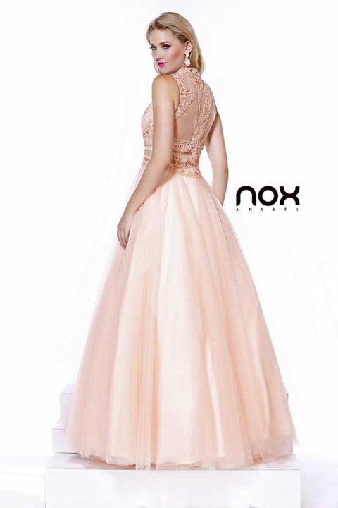 Peach High Collar Neckline Beaded Long Prom Dress_8212 By Nox Anabel