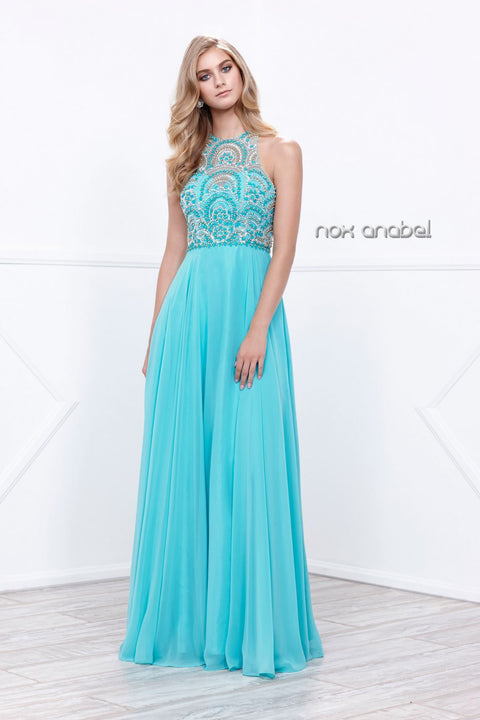 Evening Sleeveless High Neck Beaded Top A-Line Dress 8277 by Nox Anabel
