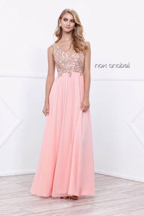 Beaded Straps V-Neck Lace Bodice Full Length Prom Dress 8343 by Nox Anabel