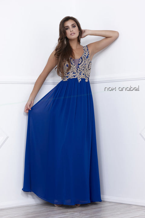 Beaded Straps V-Neck Lace Bodice Full Length Prom Dress 8343 by Nox Anabel