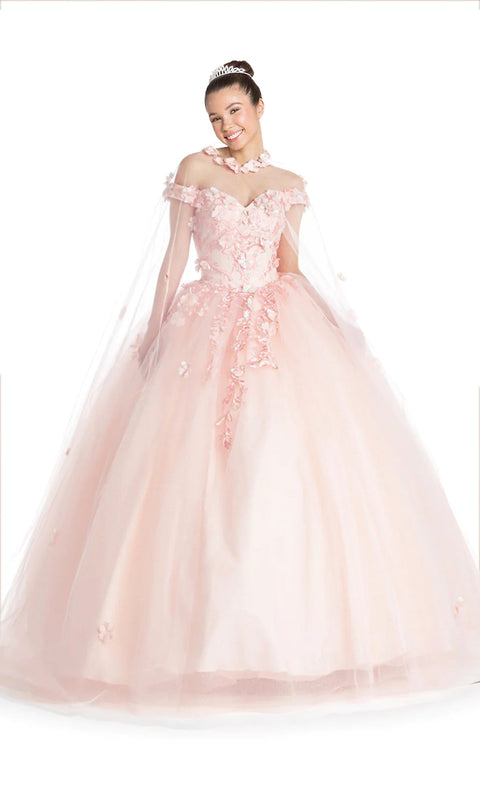 Dylan & Davids Long Off Shoulder Quinceanera Cape Dress Ball Gown