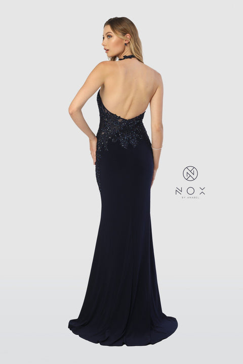 Halter Neck Lace Open Back Long Fitted Dress_A175 by Nox Anabel
