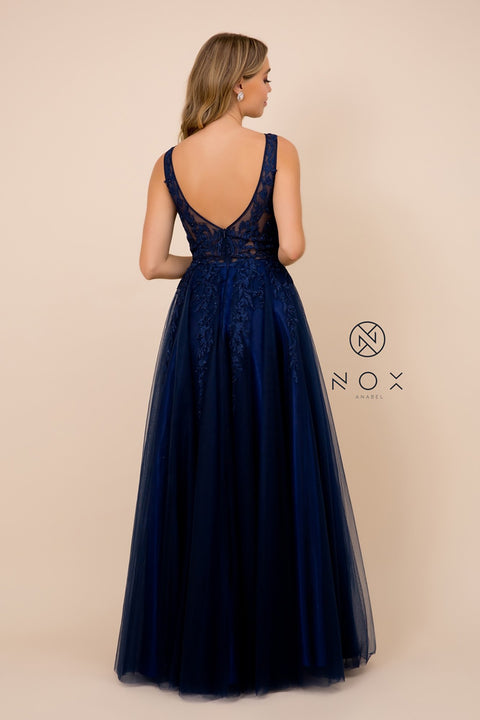 Navy Blue Ball Gown Style Embroidered Bodice Long Prom Dress A381 by Nox Anabel – alternate view 2