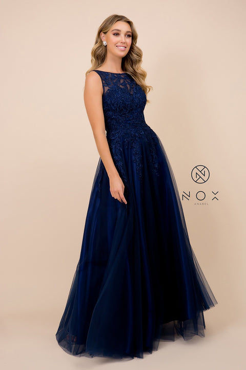 Navy Blue Ball Gown Style Embroidered Bodice Long Prom Dress A381 by Nox Anabel
