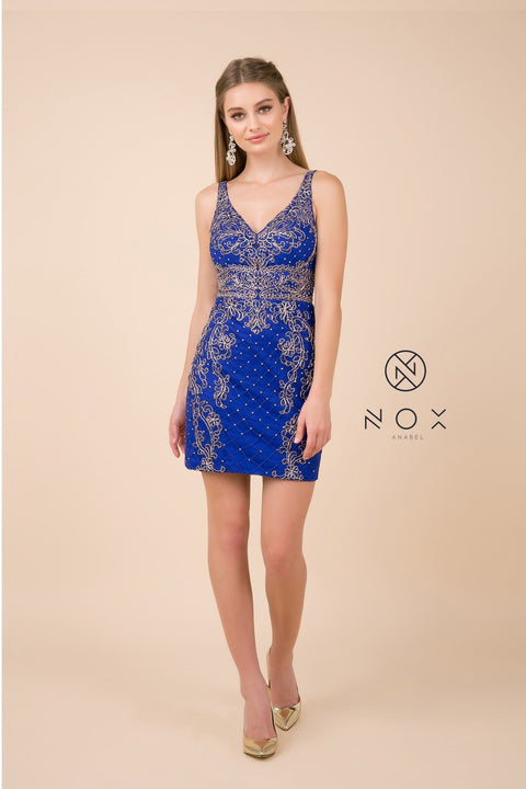V Neck Lace Applique Bodice Fitted Short Dress_A673 by Nox Anabel