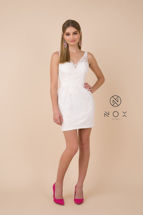 V Neck Lace Applique Bodice Fitted Short Dress_A673 by Nox Anabel