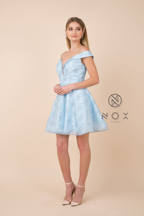 Off Shoulder Lace Skinny V Neck, A Line Short Skirt_A676 by Nox Anabel