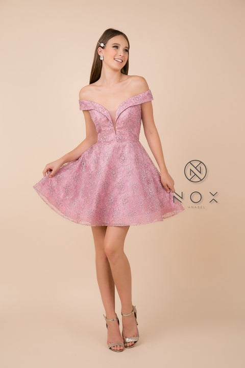 Off Shoulder Lace Skinny V Neck, A Line Short Skirt_A676 by Nox Anabel