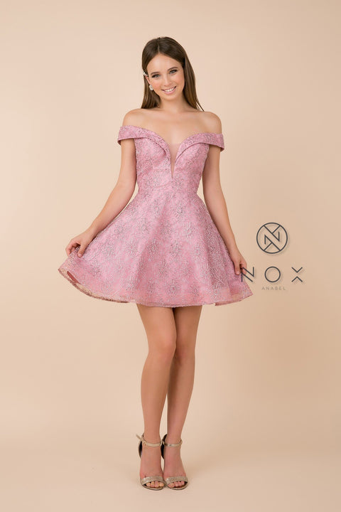 Off Shoulder Lace Skinny V Neck, A Line Short Skirt_A676 by Nox Anabel