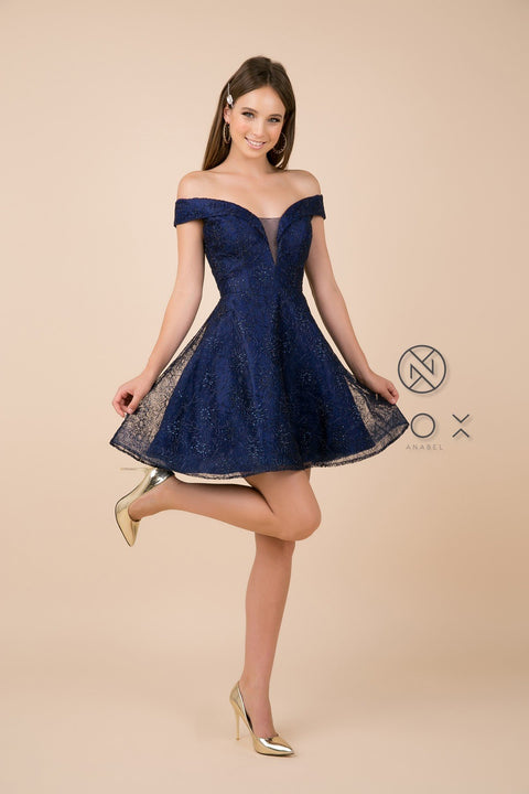 Off Shoulder Lace Skinny V Neck, A Line Short Skirt_A676 by Nox Anabel
