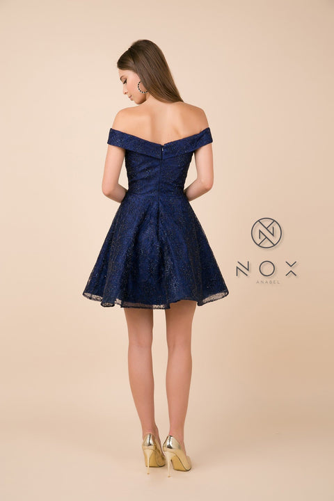 Off Shoulder Lace Skinny V Neck, A Line Short Skirt_A676 by Nox Anabel