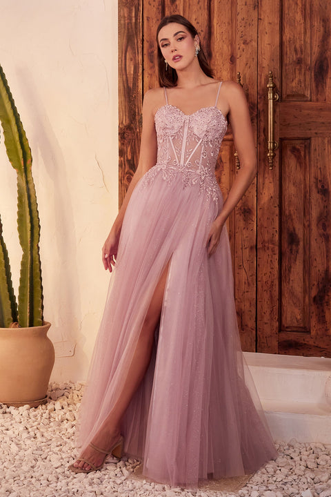 Ladivine C150: Embroidered Sleeveless Corset with Tulle Slit Gown