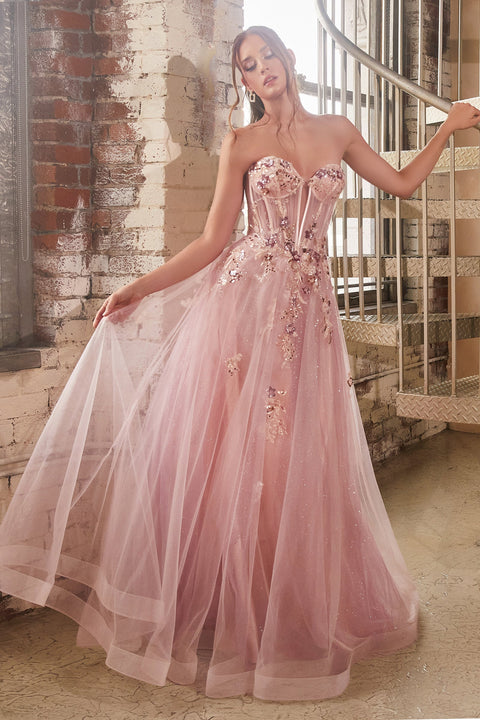Ladivine CB142 presents an appliqué strapless tulle gown with a corset design.