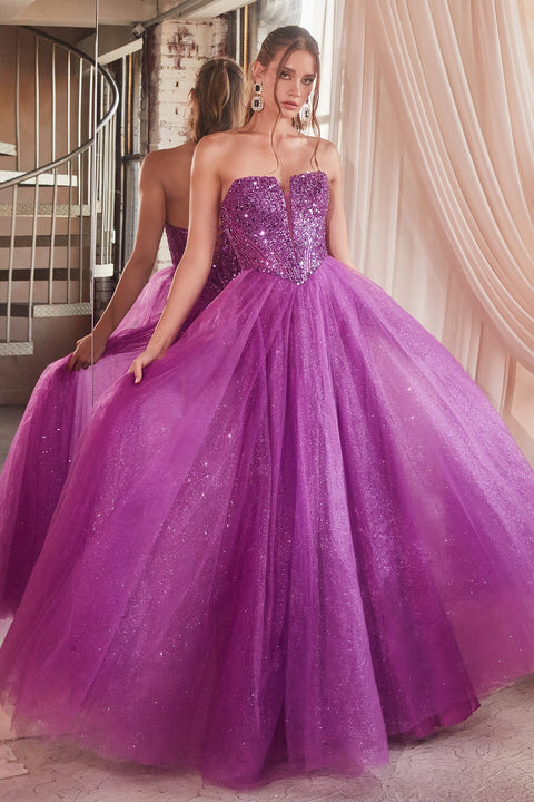 Ladivine CD0217 A-line tulle gown with embellishments with a strapless design.
