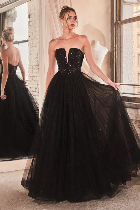 Ladivine CD0217 A-line tulle gown with embellishments with a strapless design.